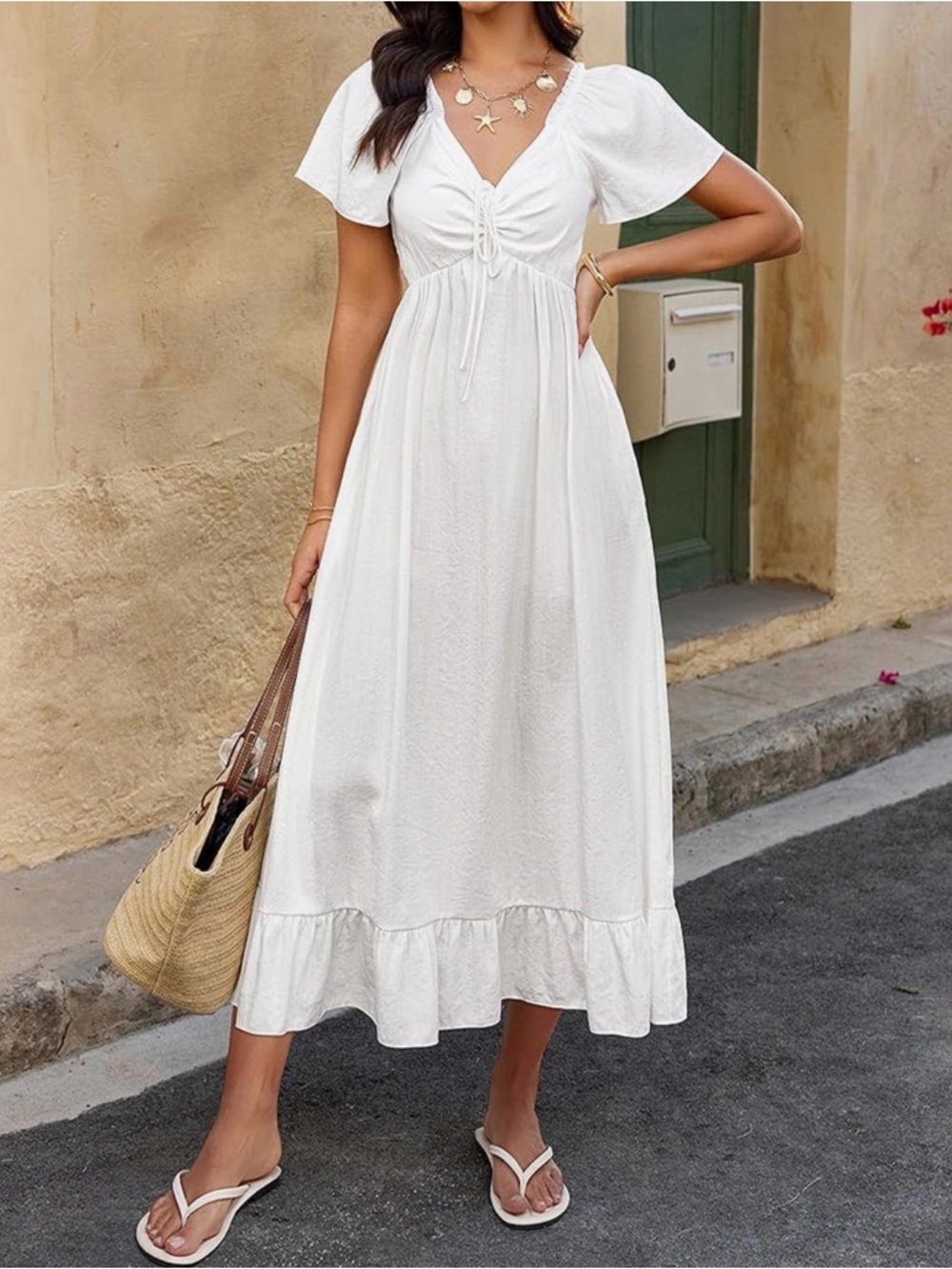 Women’s White Ruffle-Hem Midi Dress